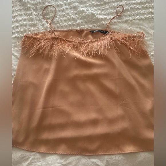 Zara Baby Pink Feather Faux Silk Tank Top - Picture 4 of 6